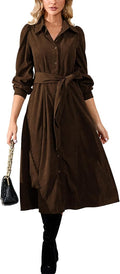 Women's Corduroy Midi Dress Long Sleeve Button Down Belted Flowy Shirt Dress with Pockets