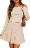 Womens Off The Shoulder Sweater Dress Knit Pleated Mini Dresses | Long Sleeve,Folded Neck,Ribbed Knit,Fall Winter,A-Line,Stretchy,Soft Lightweight,Cocktail Party Casual