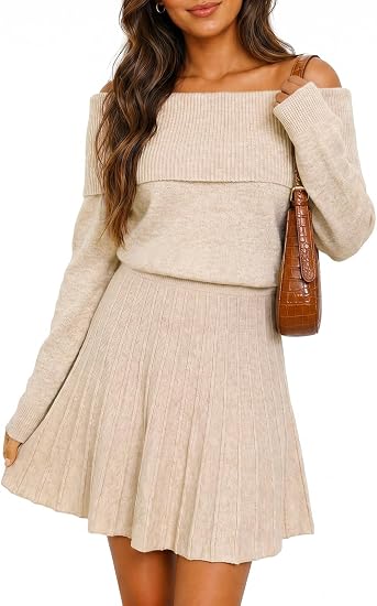 Womens Off The Shoulder Sweater Dress Knit Pleated Mini Dresses | Long Sleeve,Folded Neck,Ribbed Knit,Fall Winter,A-Line,Stretchy,Soft Lightweight,Cocktail Party Casual