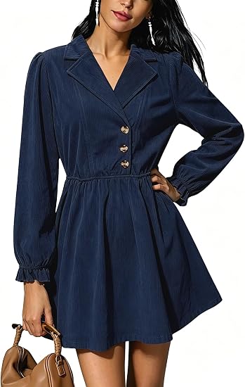 Women's Corduroy Long Sleeve Button Fall Work Short Dress | Half Button-Up Notch Lapel V Neck,Corduroy Fabric,Business Dresses,Empire Waist Flattering,Fall Winter Fashion Clothes 2026